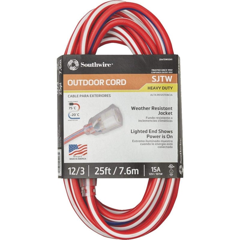 Southwire 2547SWUSA1 25-Feet; Contractor Grade; 12/3; Lighted End Red White and Blue; American Made Extension Cord; Indoor and Outdoor Use; Water Resistant Flexible Jacket; Foot; Ft - Image 1